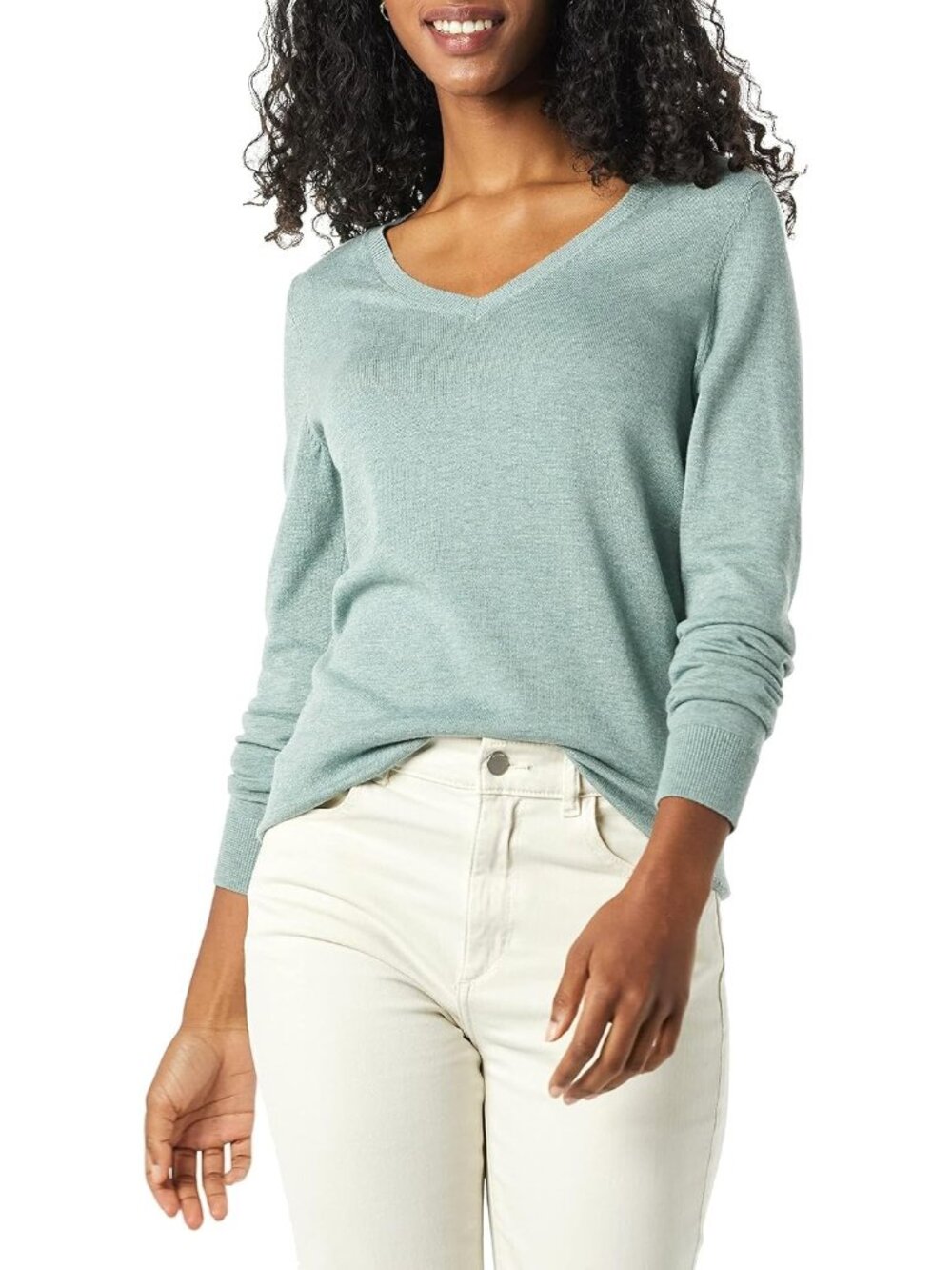 Amazon Essentials Women's Sage Green V Neck Lightweight Long Sleeve Sweaters